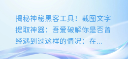揭秘神秘黑客工具!截图文字提取神器:吾爱破解